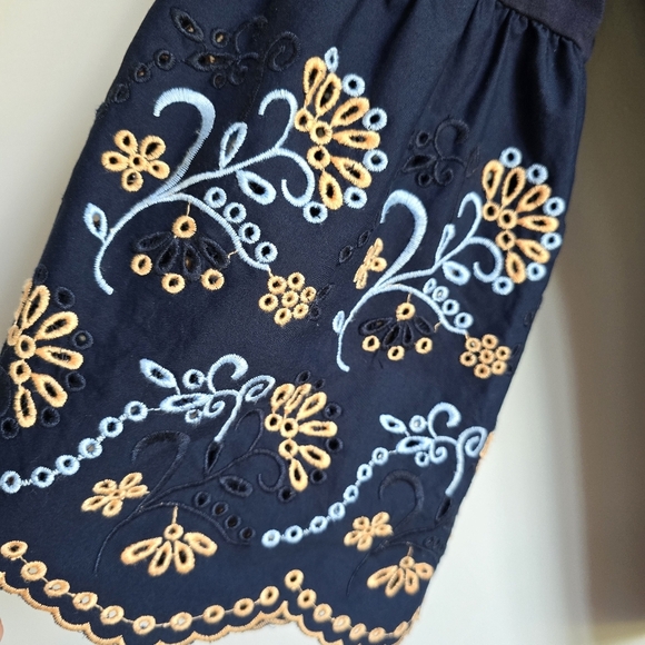 Chico's, Navy Blue Notch Neck Embroidered Eyelet Bell Sleeve Top, Size Large 2 - Picture 5 of 11